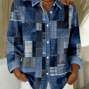 Women's Long Sleeve Shirt Spring/Fall Blue Faux Denim Print Graphic Buckle Shirt Collar Regular Sleeve Daily Going Out Casual Top, JustFashionNow Shirts, color:Blue|size:5XL