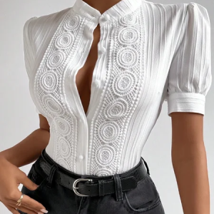 Casual Plain Buttoned Mock Neck Shirt, Blouses and Shirts, color:White|size:XXL, Stylewe