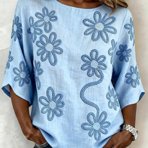 Women Floral Crew Neck Half Sleeve Blouse Printing Vintage Daily Summer Top, JustFashionNow Blouses, color:Blue|size:5XL
