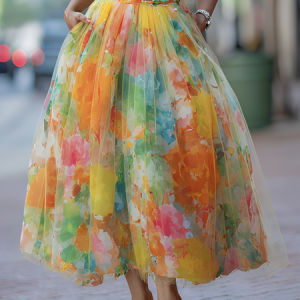 Elegant Watercolor Print Tulle Midi Skirt High Waisted with Pockets, Skirts, color:As Picture|size:XXL, Stylewe