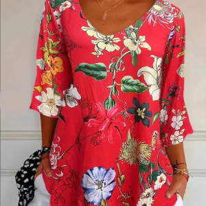 Women Floral Three Quarter Sleeve Tee T-shirt V Neck Printing Casual Graphic Tee Spring/Fall Top, JustFashionNow T-Shirts, color:Red|size:5XL