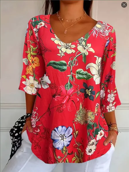 Women Floral Three Quarter Sleeve Tee T-shirt V Neck Printing Casual Graphic Tee Spring/Fall Top, JustFashionNow T-Shirts, color:Red|size:5XL