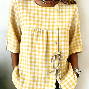 Women Plaid Crew Neck Half Sleeve Shirt Vintage Daily Summer Top, JustFashionNow Shirts, color:Yellow|size:5XL