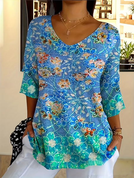 Women Floral Three Quarter Sleeve Tee T-shirt V Neck Printing Casual Graphic Tee Spring/Fall Top, JustFashionNow T-Shirts, color:Blue|size:5XL - Image 2