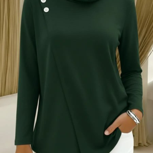Women Plain Long Sleeve Tee T-shirt Mock Neck Split Joint Casual Spring/Fall Top, JustFashionNow T-Shirts, color:Green|size:3XL