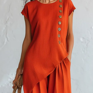 Cotton And Linen Casual Plain Buttoned Crew Neck Blouse, Blouses and Shirts, color:Orange|size:XXL, Stylewe