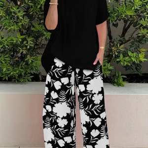 Women Floral Printing Two-Piece Set Daily Half Sleeve Casual Summer Top With Pants Matching Set, JustFashionNow Suit Set, color:Black|size:4XL