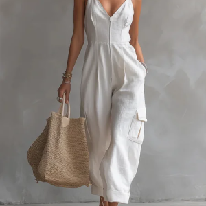 Cotton And Linen Casual Pockets Plain Spaghetti Cami Jumpsuit, Jumpsuits, color:White|size:XXL, Stylewe