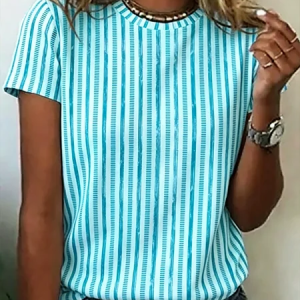 Women Striped Short Sleeve Tee T-shirt Crew Neck Casual Summer Top, JustFashionNow T-Shirts, color:Cyan|size:4XL
