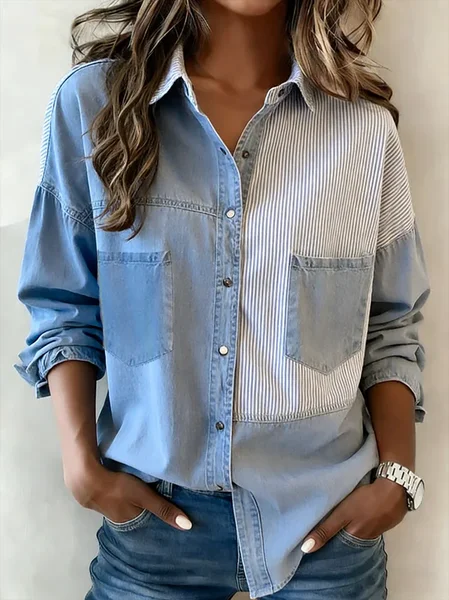 Women Striped Shawl Collar Long Sleeve Shirt Casual Daily Spring/Fall Top, JustFashionNow Blouses, color:Denim Blue|size:3XL
