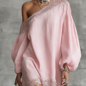 Casual Plain Asymmetrical Cotton And Linen Mini Dress, Mini Dresses, color:Pink|size:XXL, Stylewe