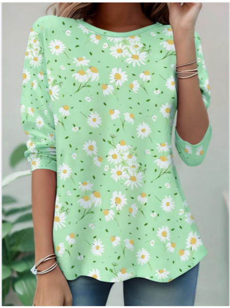 Women Floral Long Sleeve Tee T-shirt Crew Neck Casual Tunic Spring/Fall Top, JustFashionNow T-Shirts, color:Green|size:XXL - Image 2