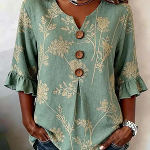 V Neck Half Sleeve Floral Printing Regular Micro-Elasticity Regular Fit Blouse For Women, Blouses, color:Green|size:5XL, catalog Noracora shop