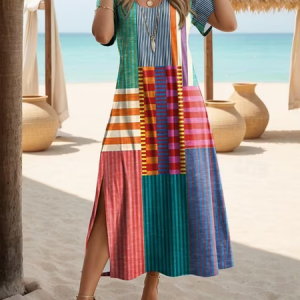 Women Abstract Short Sleeve Crew Neck Printing Dress Daily Casual Maxi T-Shirt Dress H-Line Summer Dress, JustFashionNow Casual Dresses, color:As Picture|size:4XL