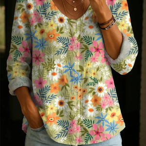 Women Floral V Neck Long Sleeve Blouse Printing Casual Daily Spring/Fall Top, JustFashionNow Blouses, color:As Picture|size:5XL