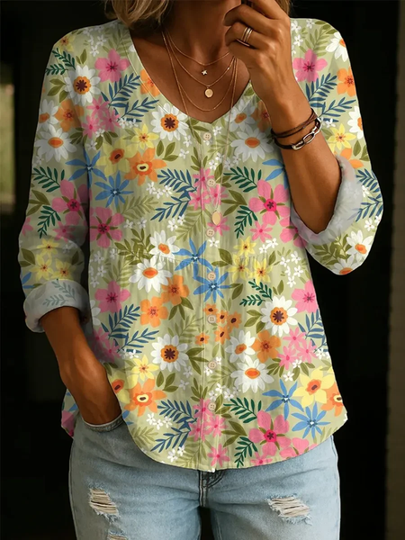 Women Floral V Neck Long Sleeve Blouse Printing Casual Daily Spring/Fall Top, JustFashionNow Blouses, color:As Picture|size:5XL