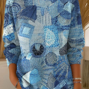 Women Faux Denim Print Graphic Printing Casual Long Sleeve Crew Neck Spring/Fall Sweater, JustFashionNow Sweaters, color:Blue|size:5XL