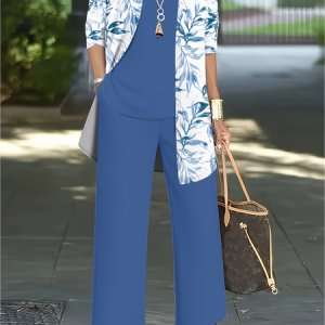 Women Plants Printing Matching Outfit Daily Long Sleeve Casual Spring/Fall Multi-Piece Set Matching Set, JustFashionNow Suit Set, color:Blue|size:XXL