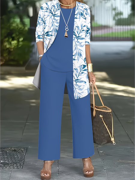 Women Plants Printing Matching Outfit Daily Long Sleeve Casual Spring/Fall Multi-Piece Set Matching Set, JustFashionNow Suit Set, color:Blue|size:XXL
