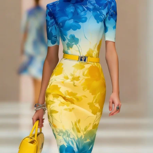 Elegant Floral Printing Midi Dress No Belt, Midi Dresses, color:Yellow|size:XXL, Stylewe