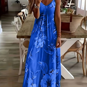 Women Floral Sleeveless V Neck Printing Dress Daily Casual Maxi Slip Dress X-Line Summer Dress, JustFashionNow Casual Dresses, color:Blue|size:XXL