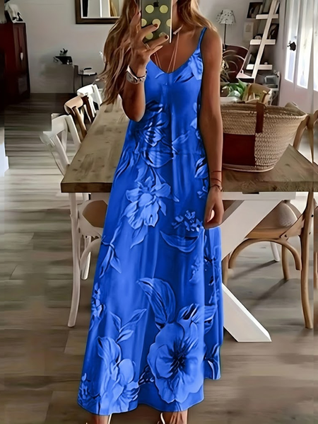 Women Floral Sleeveless V Neck Printing Dress Daily Casual Maxi Slip Dress X-Line Summer Dress, JustFashionNow Casual Dresses, color:Blue|size:XXL