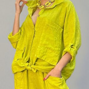 Cotton Casual Plain Buttoned Shirt Collar Shirt, Blouses and Shirts, color:Green|size:XXL, Stylewe