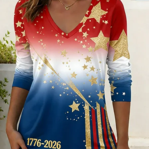 Women Independence Day (Flag) Long Sleeve Tee T-shirt V Neck Printing Casual Graphic Tee Spring/Fall Top, JustFashionNow T-Shirts, color:As Picture|size:4XL