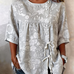 Women Floral Crew Neck Half Sleeve Shirt Vintage Daily Summer Top, JustFashionNow Shirts, color:Gray|size:5XL