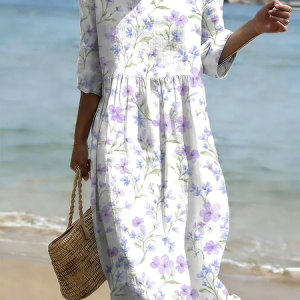 Women Floral Half Sleeve Crew Neck Printing Dress Daily Casual Maxi H-Line Summer Dress, JustFashionNow Casual Dresses, color:White|size:4XL