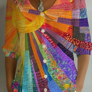 Women Abstract Shawl Collar Half Sleeve Shirt Printing Casual Daily Summer Top, JustFashionNow Shirts, color:As Picture|size:5XL