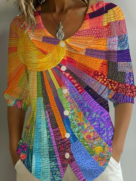 Women Abstract Shawl Collar Half Sleeve Shirt Printing Casual Daily Summer Top, JustFashionNow Shirts, color:As Picture|size:5XL