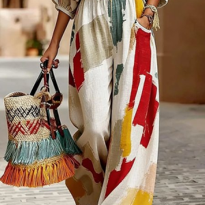 Vacation Abstract Printing Straight Pants, Pants, color:As Picture|size:XXL, Stylewe