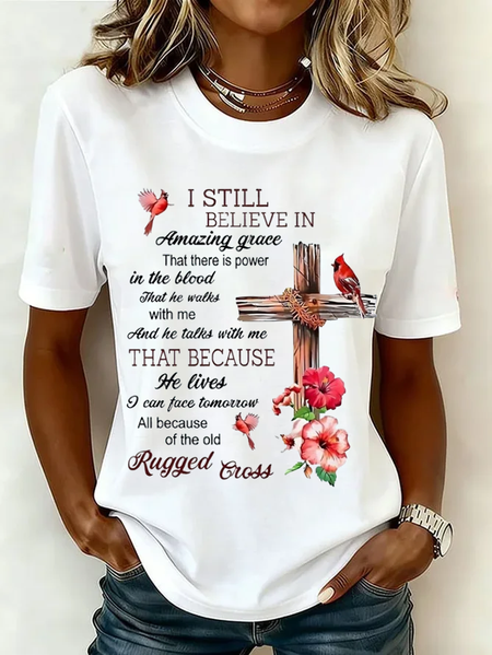 Women Floral Short Sleeve Tee T-shirt Crew Neck Printing Casual Graphic Tee Summer Top, JustFashionNow T-Shirts, color:White|size:XXL - Image 7