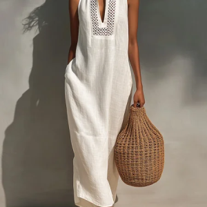 Cotton And Linen Casual Plain Lace V Neck Maxi Dress, Maxi Dresses, color:White|size:XXL, Stylewe