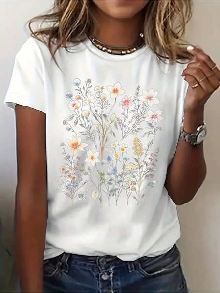 Women Floral Short Sleeve Tee T-shirt Crew Neck Printing Casual Graphic Tee Summer Top, JustFashionNow T-Shirts, color:White|size:XXL - Image 5