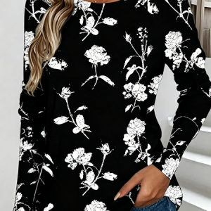 Casual Floral Crew Neck Long Sleeve T-shirt, Shirts, color:Black-white|size:5XL, catalog Noracora shop