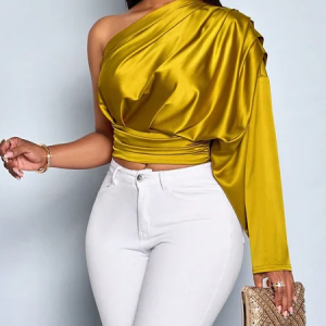 Satin Elegant Plain Ruched One Shoulder Blouse, Blouses and Shirts, color:Yellow|size:XXL, Stylewe