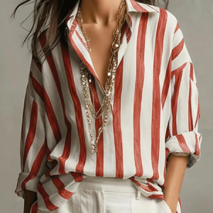 Women Striped Shirt Collar Long Sleeve Shirt Buckle Regular Sleeve Casual Daily Spring/Fall Top, JustFashionNow Shirts, color:Red|size:XXL