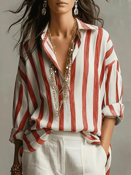 Women Striped Shirt Collar Long Sleeve Shirt Buckle Regular Sleeve Casual Daily Spring/Fall Top, JustFashionNow Shirts, color:Red|size:XXL