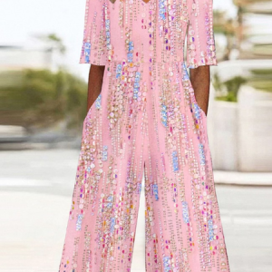 Women Abstract V Neck Half Sleeve Casual Summer Jumpsuit, JustFashionNow Jumpsuits＆Rompers, color:Pink|size:4XL