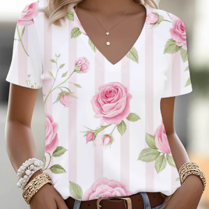 Women Striped Short Sleeve Tee T-shirt V Neck Printing Vintage Summer Top, JustFashionNow T-Shirts, color:White|size:4XL