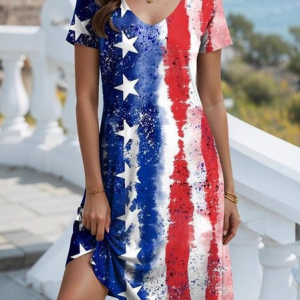 Women 3D Printing Short Sleeve V Neck Dress Holiday Vintage Midi Fit & Flare Dress A-Line Summer Dress, JustFashionNow Dresses, color:As Picture|size:XXL