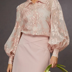 Elegant Jacquard Lantern Sleeve Button-Down Shirt, Blouses and Shirts, color:Pink|size:XXL, Stylewe