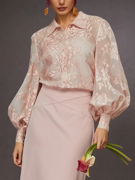 Elegant Jacquard Lantern Sleeve Button-Down Shirt, Blouses and Shirts, color:Pink|size:XXL, Stylewe