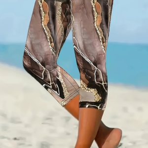 Women Abstract Capris Elastic Waist Pants Casual Summer Trousers, JustFashionNow Leggings, color:Brown|size:XXL
