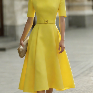Elegant Plain Crew Neck Midi Dress With Belt, Midi Dresses, color:Yellow|size:XXL, Stylewe