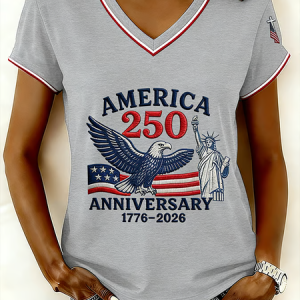 Women America Flag Short Sleeve Tee T-shirt V Neck Casual Summer Top, JustFashionNow T-Shirts, color:Light Gray|size:5XL