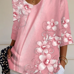 Women Floral Three Quarter Sleeve Tee T-shirt V Neck Printing Casual Graphic Tee Spring/Fall Top, JustFashionNow T-Shirts, color:Pink|size:5XL