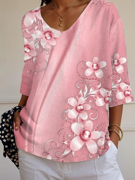 Women Floral Three Quarter Sleeve Tee T-shirt V Neck Printing Casual Graphic Tee Spring/Fall Top, JustFashionNow T-Shirts, color:Pink|size:5XL